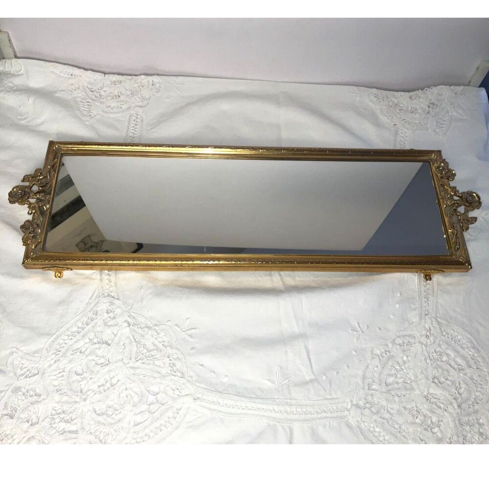 Vintage Gold Tone Mirrored Vanity Tray Ornate Rose Floral Trim Hollywood Regency